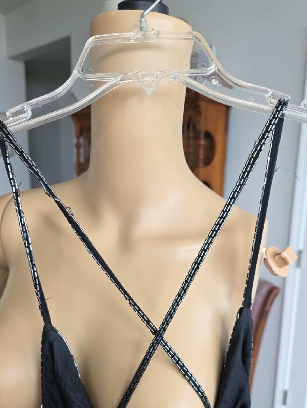Black Beaded And Sequined Fringe Evening Dress with Crisscross Straps - Picture 4 of 10